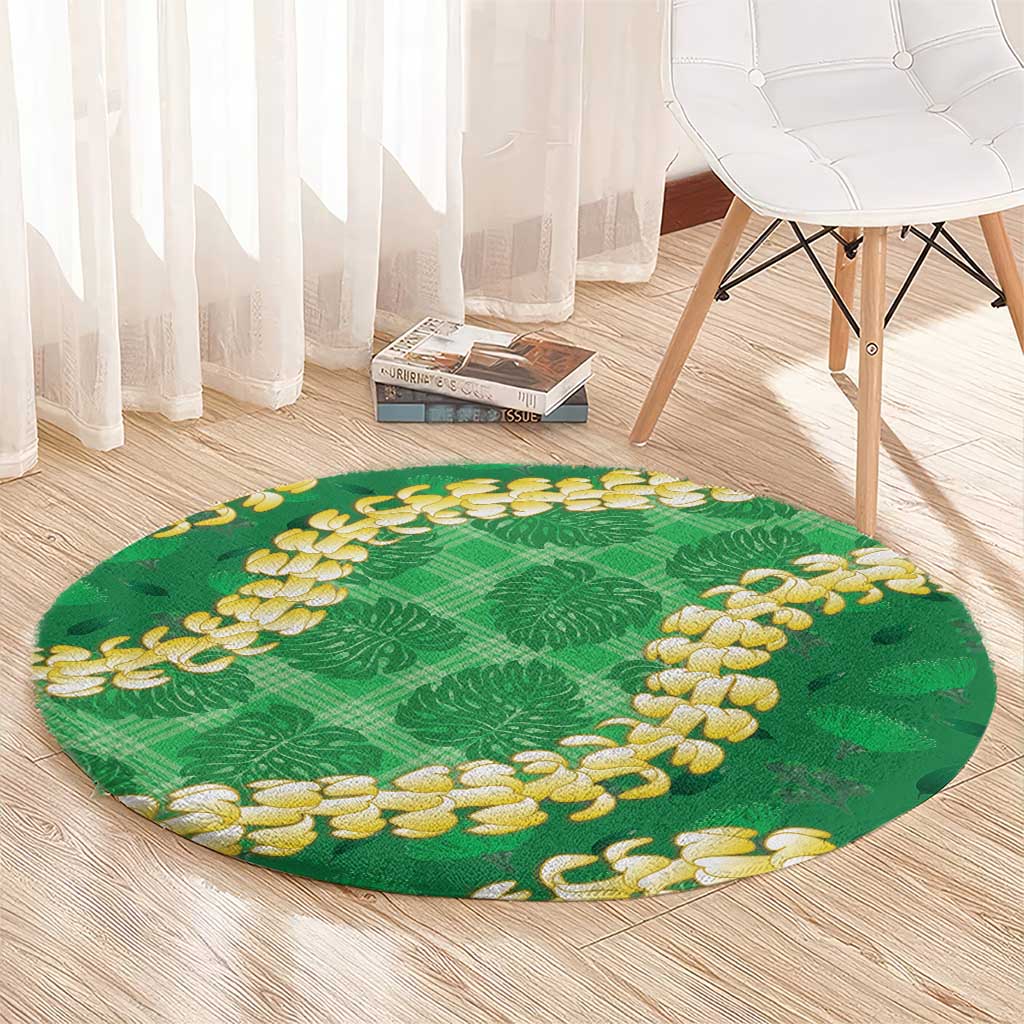 Green Palaka Hawaii Mele Kalikimaka Round Carpet Ohia Lehua Monstera Puakenikeni Lei - Polynesian Pride