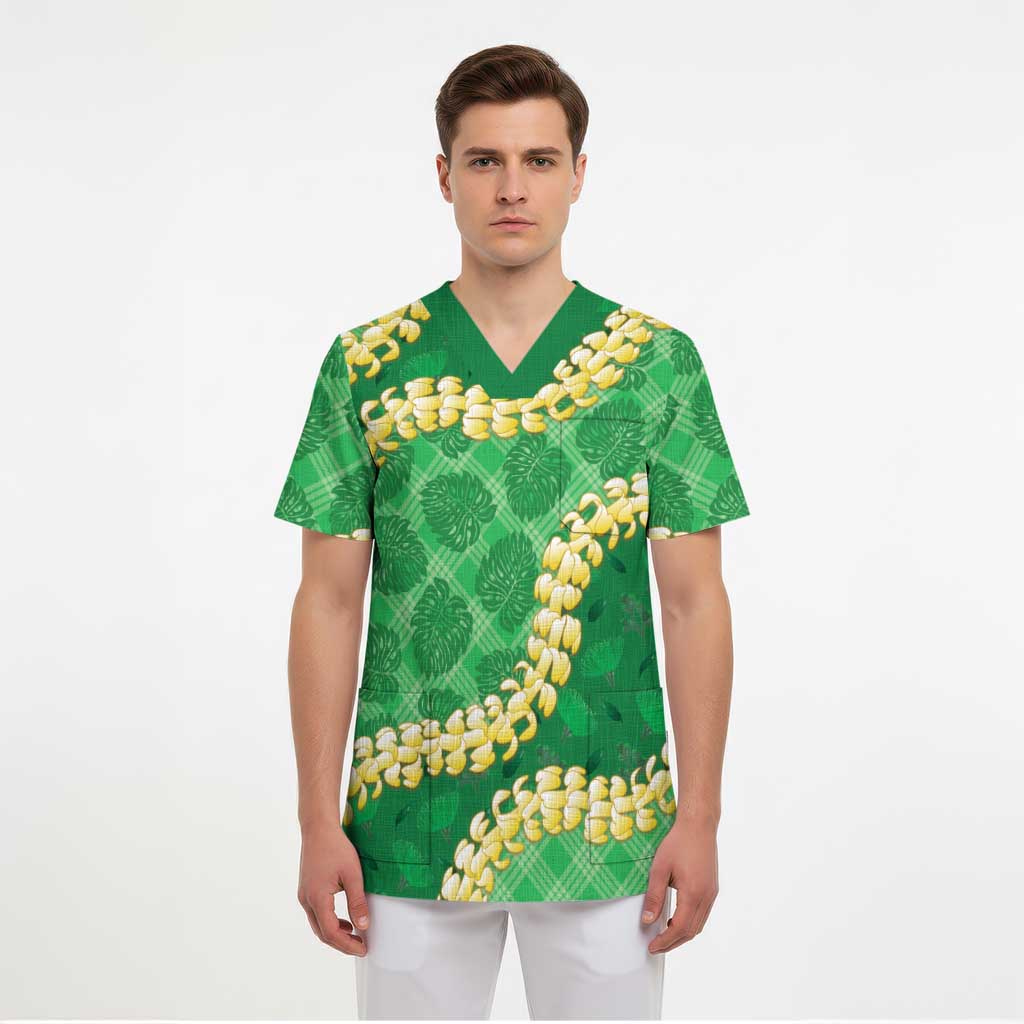 Green Palaka Hawaii Mele Kalikimaka Scrub Top Ohia Lehua Monstera Puakenikeni Lei - Polynesian Pride