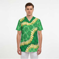 Green Palaka Hawaii Mele Kalikimaka Scrub Top Ohia Lehua Monstera Puakenikeni Lei - Polynesian Pride