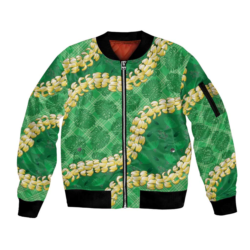 Green Palaka Hawaii Mele Kalikimaka Sleeve Zip Bomber Jacket Ohia Lehua Monstera Puakenikeni Lei - Polynesian Pride