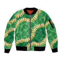 Green Palaka Hawaii Mele Kalikimaka Sleeve Zip Bomber Jacket Ohia Lehua Monstera Puakenikeni Lei - Polynesian Pride