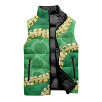 Green Palaka Hawaii Mele Kalikimaka Sleeveless Puffer Jacket Ohia Lehua Monstera Puakenikeni Lei - Polynesian Pride