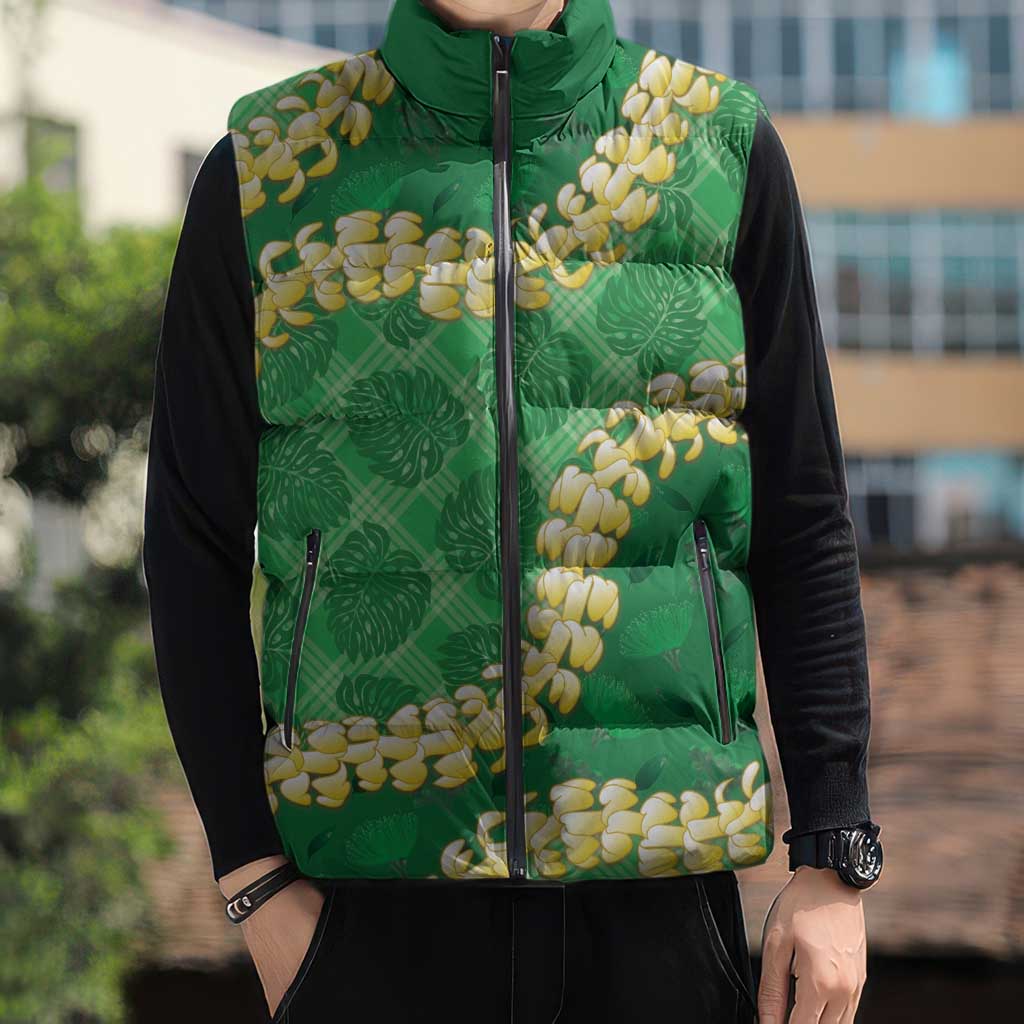 Green Palaka Hawaii Mele Kalikimaka Sleeveless Puffer Jacket Ohia Lehua Monstera Puakenikeni Lei - Polynesian Pride