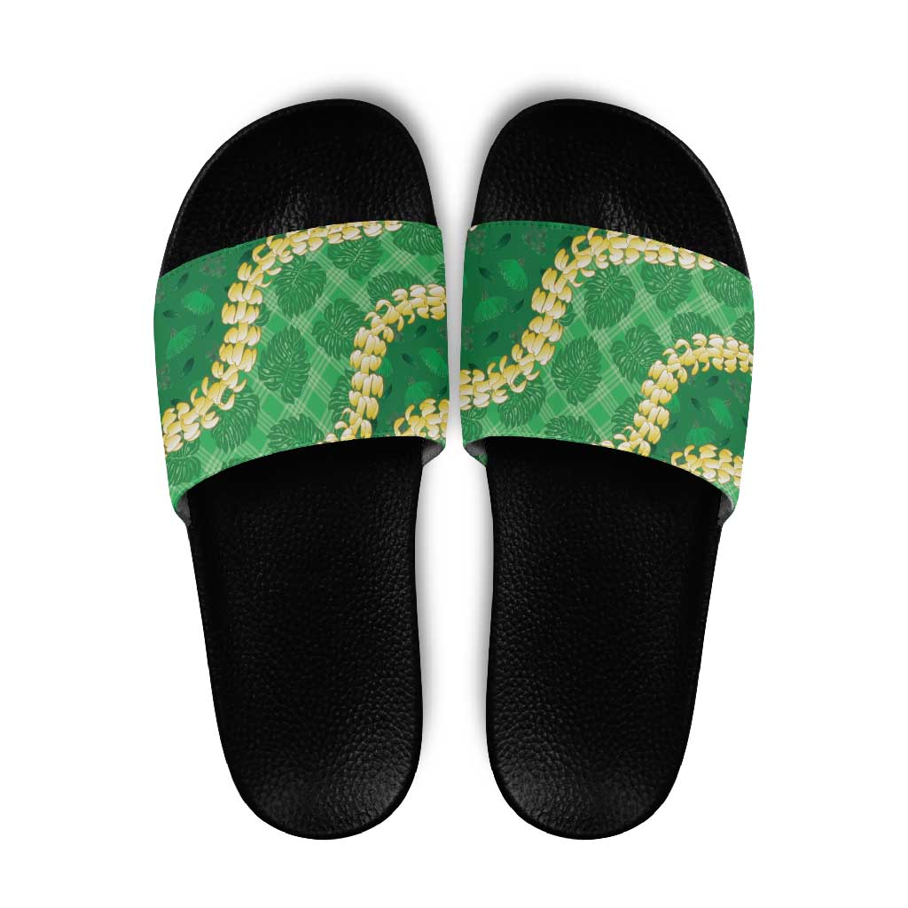 Green Palaka Hawaii Mele Kalikimaka Slide Sandals Ohia Lehua Monstera Puakenikeni Lei - Polynesian Pride