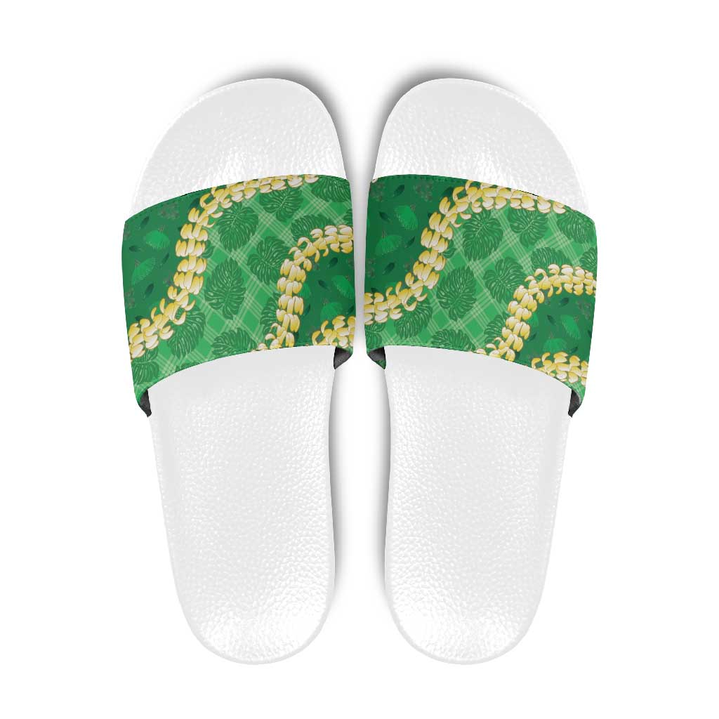 Green Palaka Hawaii Mele Kalikimaka Slide Sandals Ohia Lehua Monstera Puakenikeni Lei - Polynesian Pride