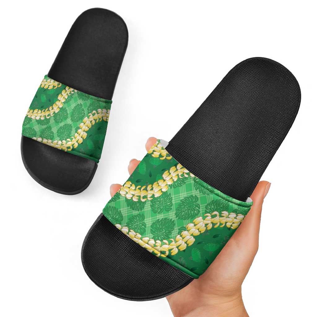 Green Palaka Hawaii Mele Kalikimaka Slide Sandals Ohia Lehua Monstera Puakenikeni Lei - Polynesian Pride