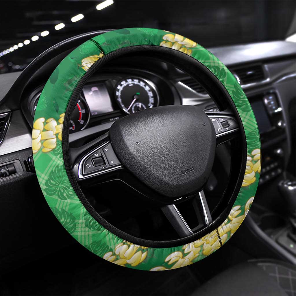 Green Palaka Hawaii Mele Kalikimaka Steering Wheel Cover Ohia Lehua Monstera Puakenikeni Lei - Polynesian Pride