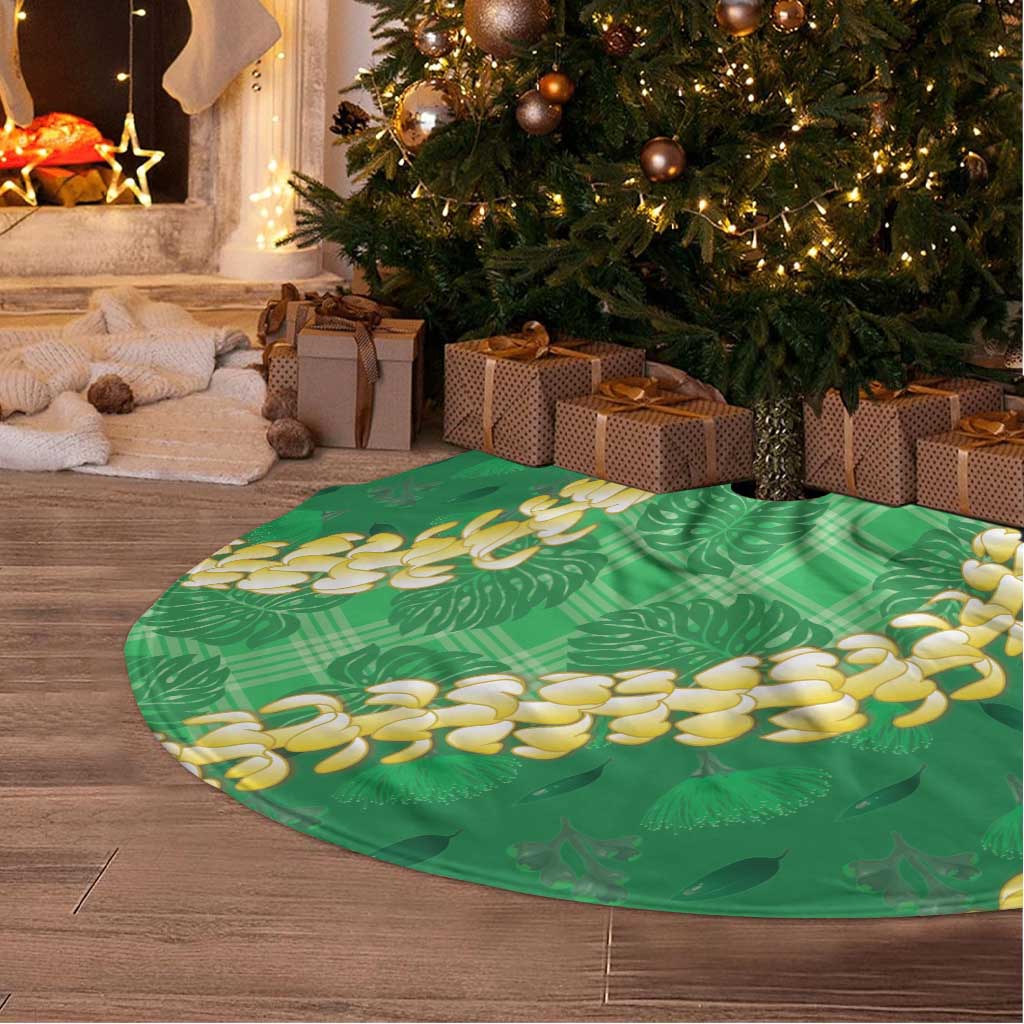 Green Palaka Hawaii Mele Kalikimaka Tree Skirt Ohia Lehua Monstera Puakenikeni Lei - Polynesian Pride