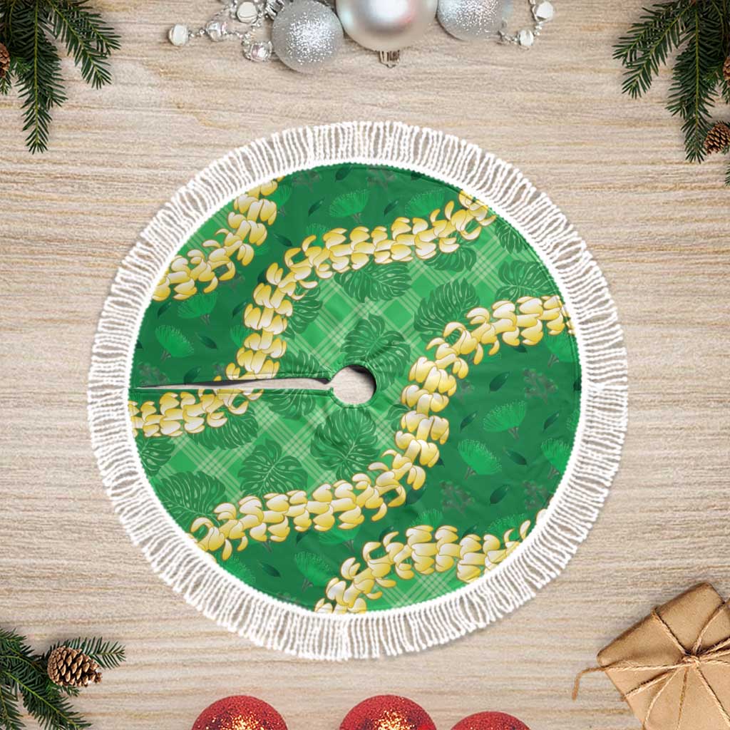 Green Palaka Hawaii Mele Kalikimaka Tree Skirt Ohia Lehua Monstera Puakenikeni Lei - Polynesian Pride
