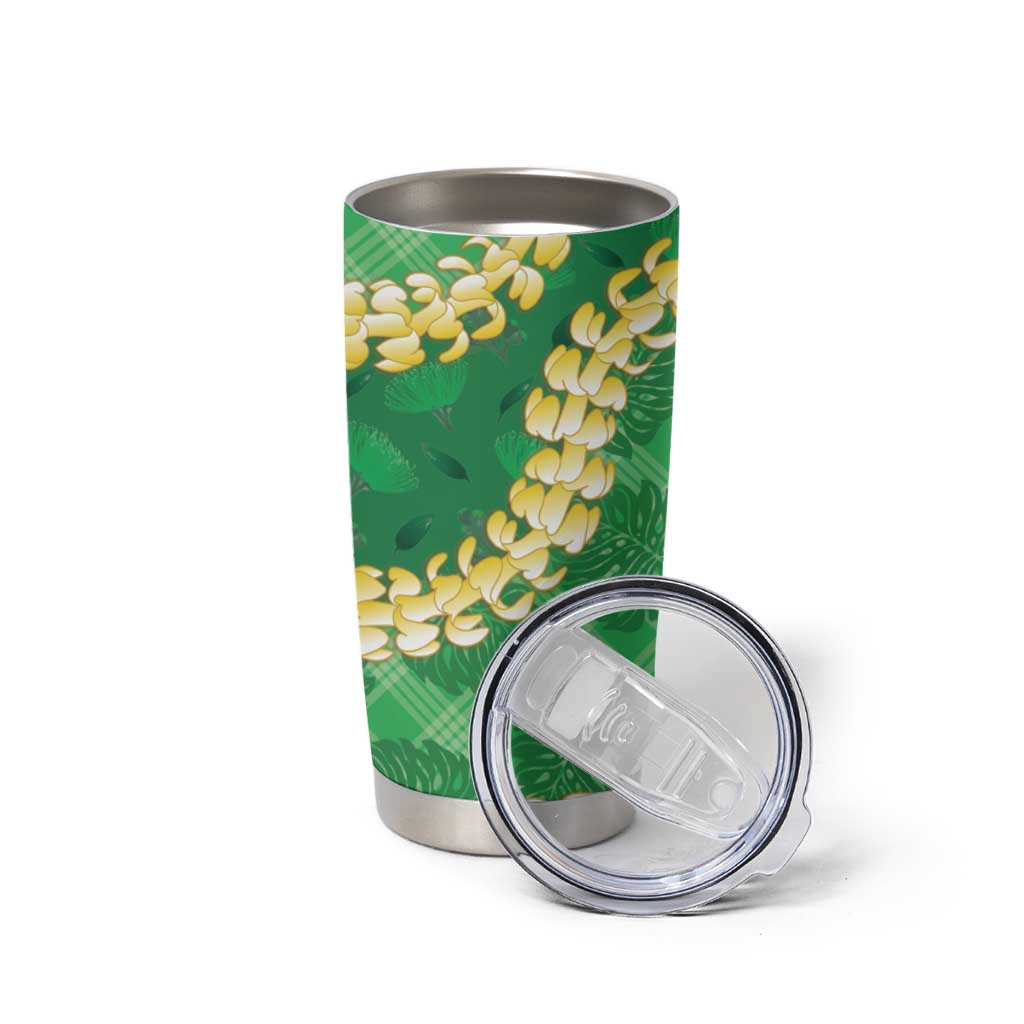 Green Palaka Hawaii Mele Kalikimaka Tumbler Cup Ohia Lehua Monstera Puakenikeni Lei - Polynesian Pride