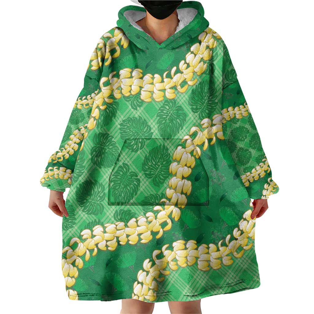 Green Palaka Hawaii Mele Kalikimaka Wearable Blanket Hoodie Ohia Lehua Monstera Puakenikeni Lei - Polynesian Pride