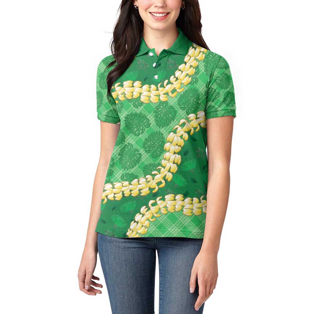 Green Palaka Hawaii Mele Kalikimaka Women Polo Shirt Ohia Lehua Monstera Puakenikeni Lei - Polynesian Pride