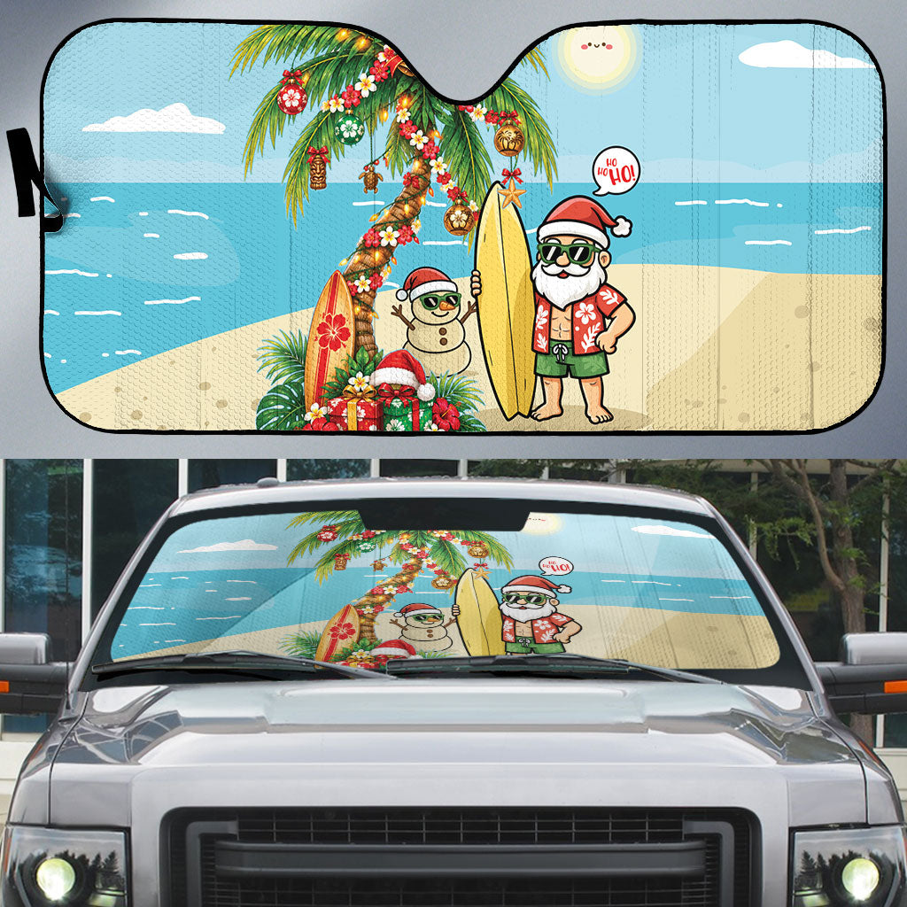 Hawaii Christmas Mele Kalikimaka Auto Sun Shade Festive Palm Chilling Santa With Surfboard LT14 Blue - Polynesian Pride