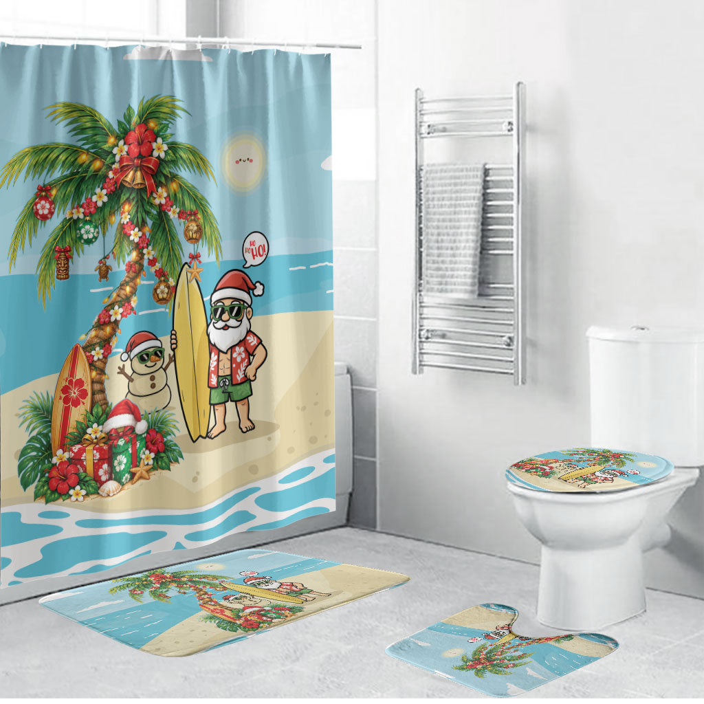 Hawaii Christmas Mele Kalikimaka Bathroom Set Festive Palm Chilling Santa With Surfboard LT14 Bathroom Set (4 pcs) Blue - Polynesian Pride