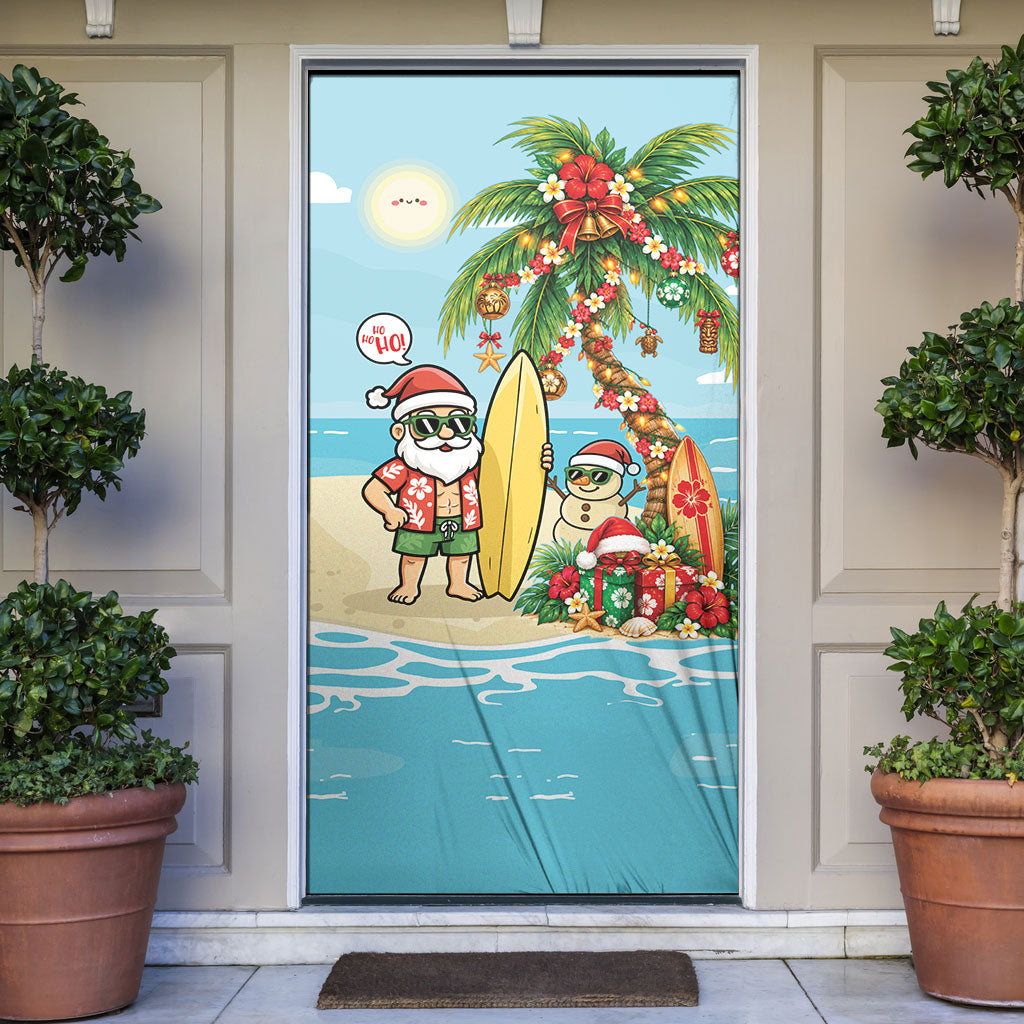 Hawaii Christmas Mele Kalikimaka Door Cover Festive Palm Chilling Santa With Surfboard LT14 Blue - Polynesian Pride