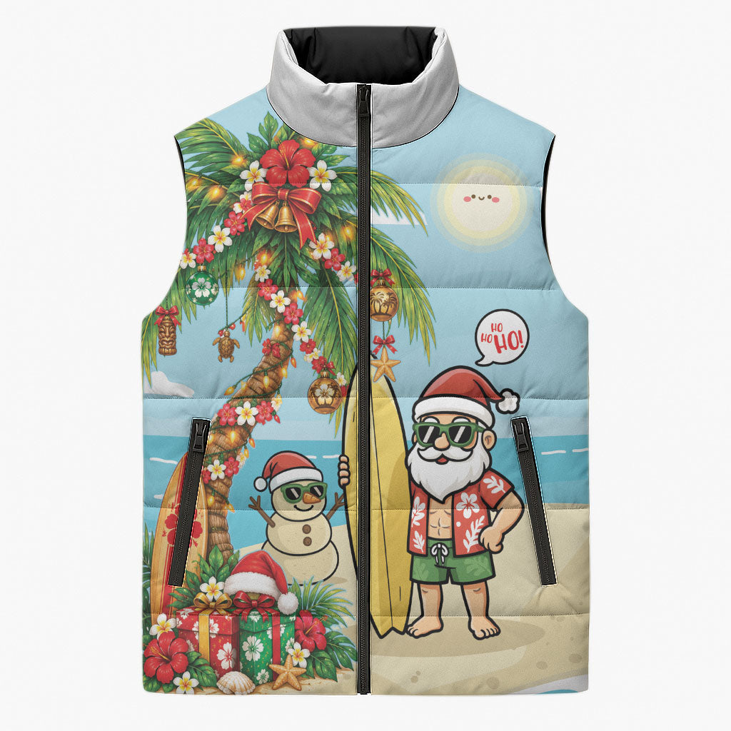 Hawaii Christmas Mele Kalikimaka Sleeveless Puffer Jacket Festive Palm Chilling Santa With Surfboard