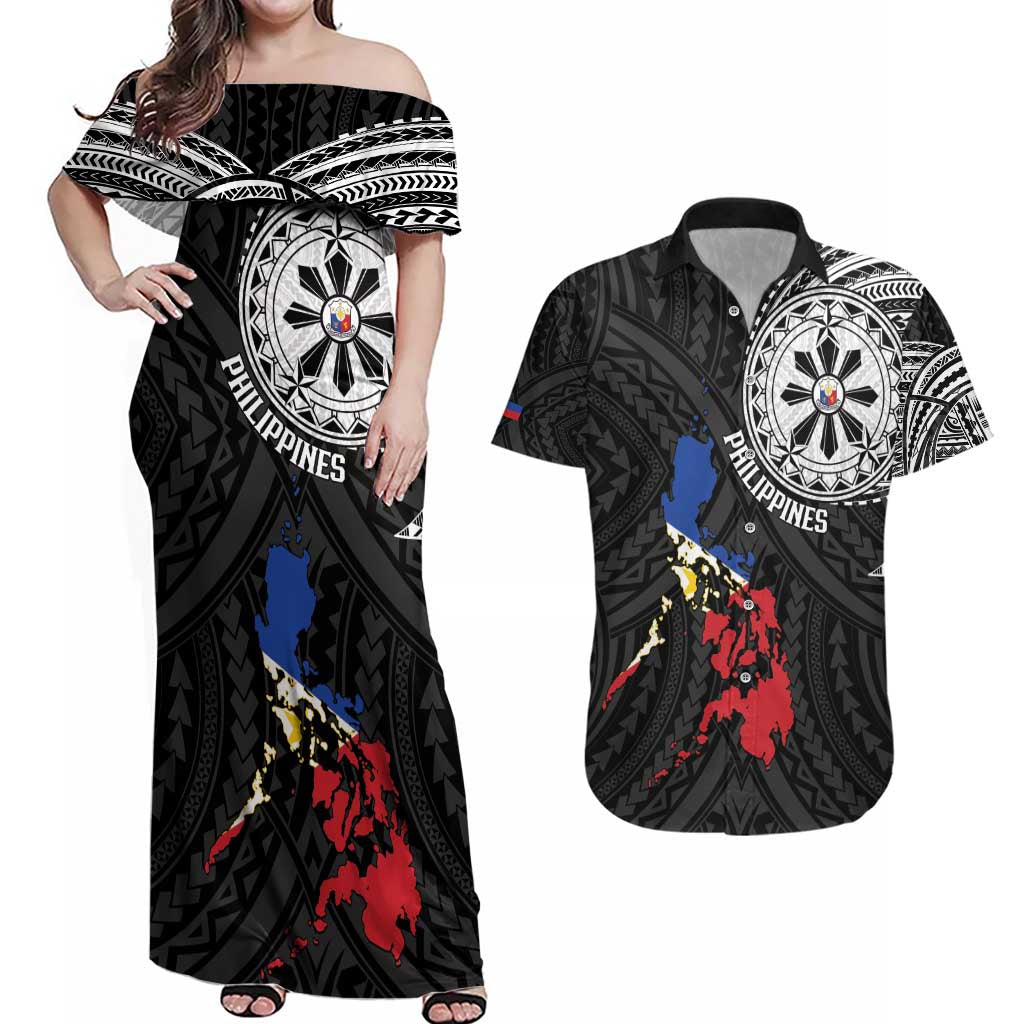 Philippines Strong Couples Matching Off Shoulder Maxi Dress and Hawaiian Shirt Filipino Map Polynesian Tattoo - Polynesian Pride
