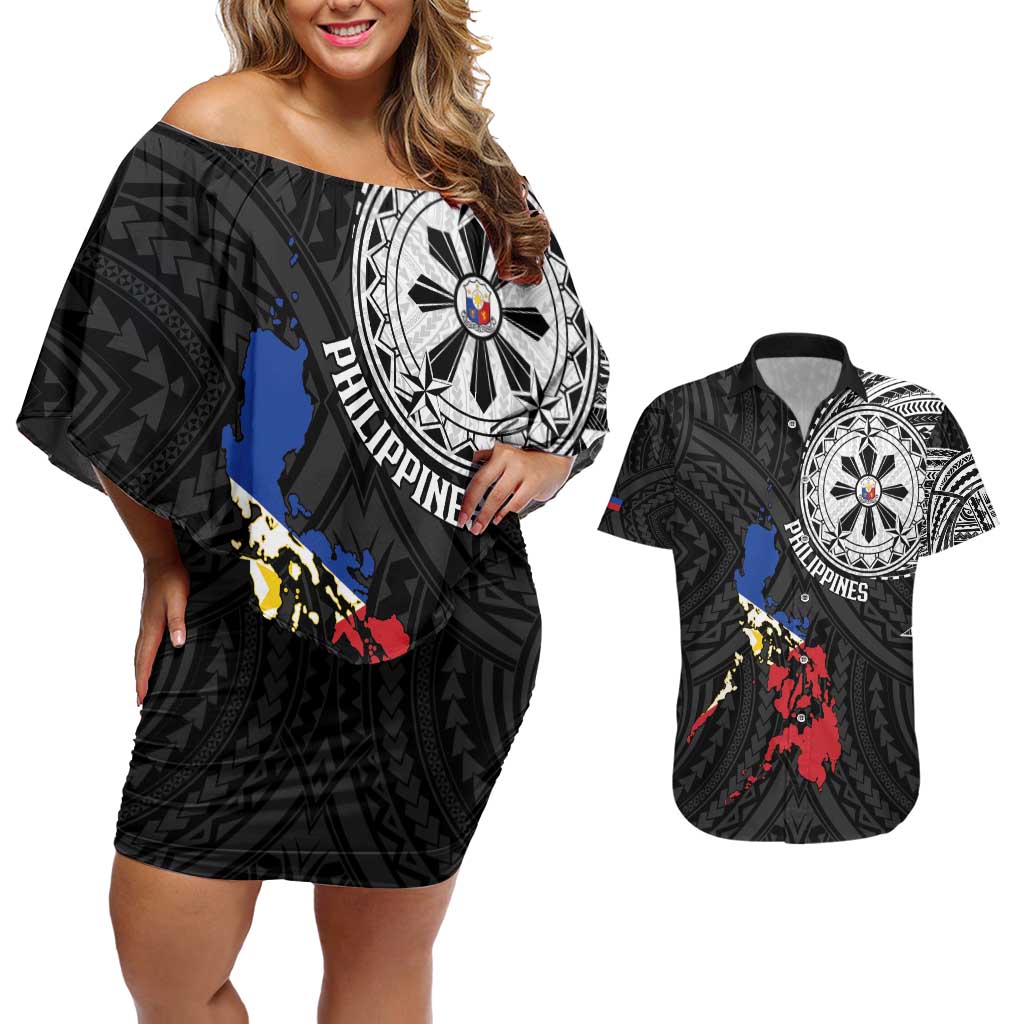 Philippines Strong Couples Matching Off Shoulder Short Dress and Hawaiian Shirt Filipino Map Polynesian Tattoo - Polynesian Pride