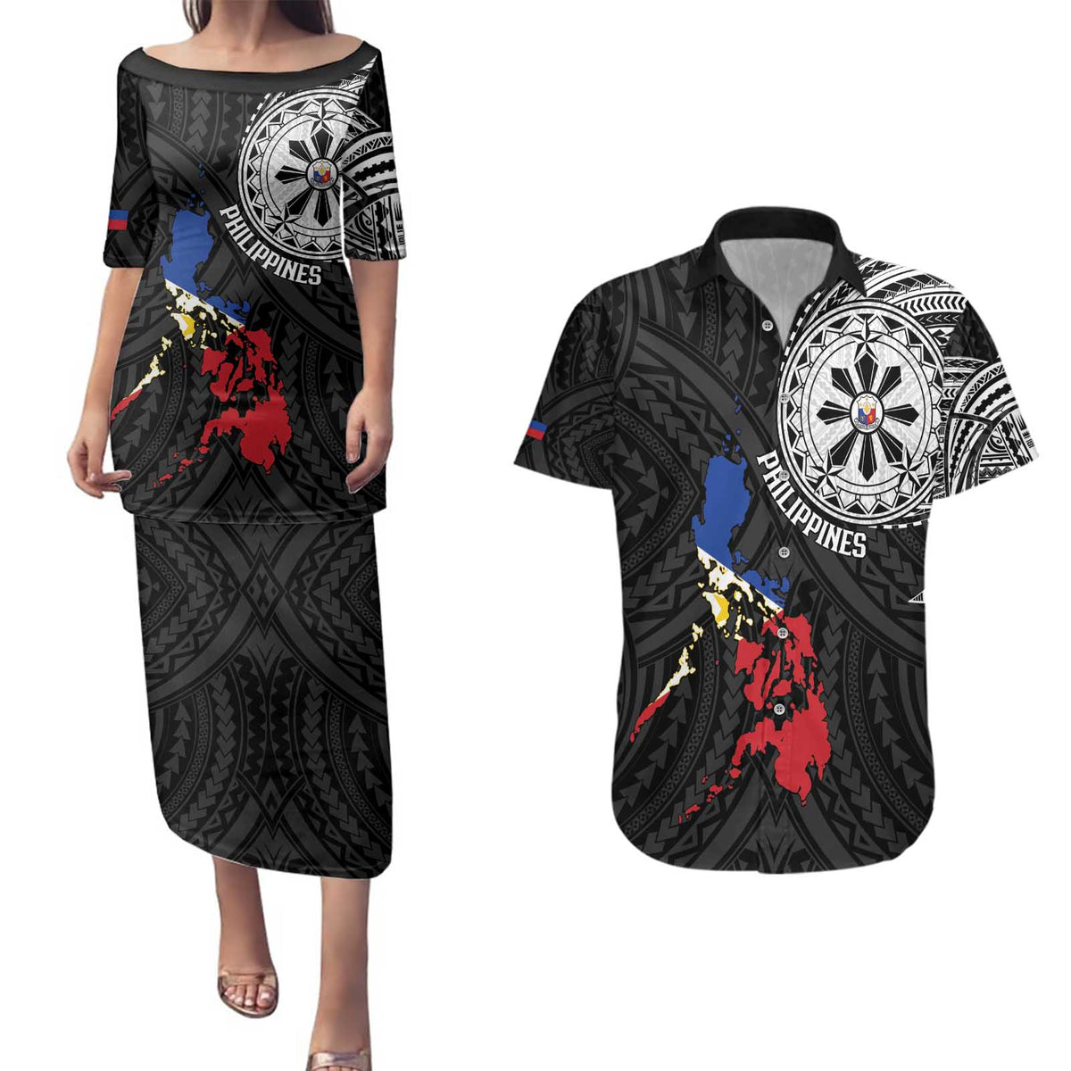 Philippines Strong Couples Matching Puletasi and Hawaiian Shirt Filipino Map Polynesian Tattoo - Polynesian Pride