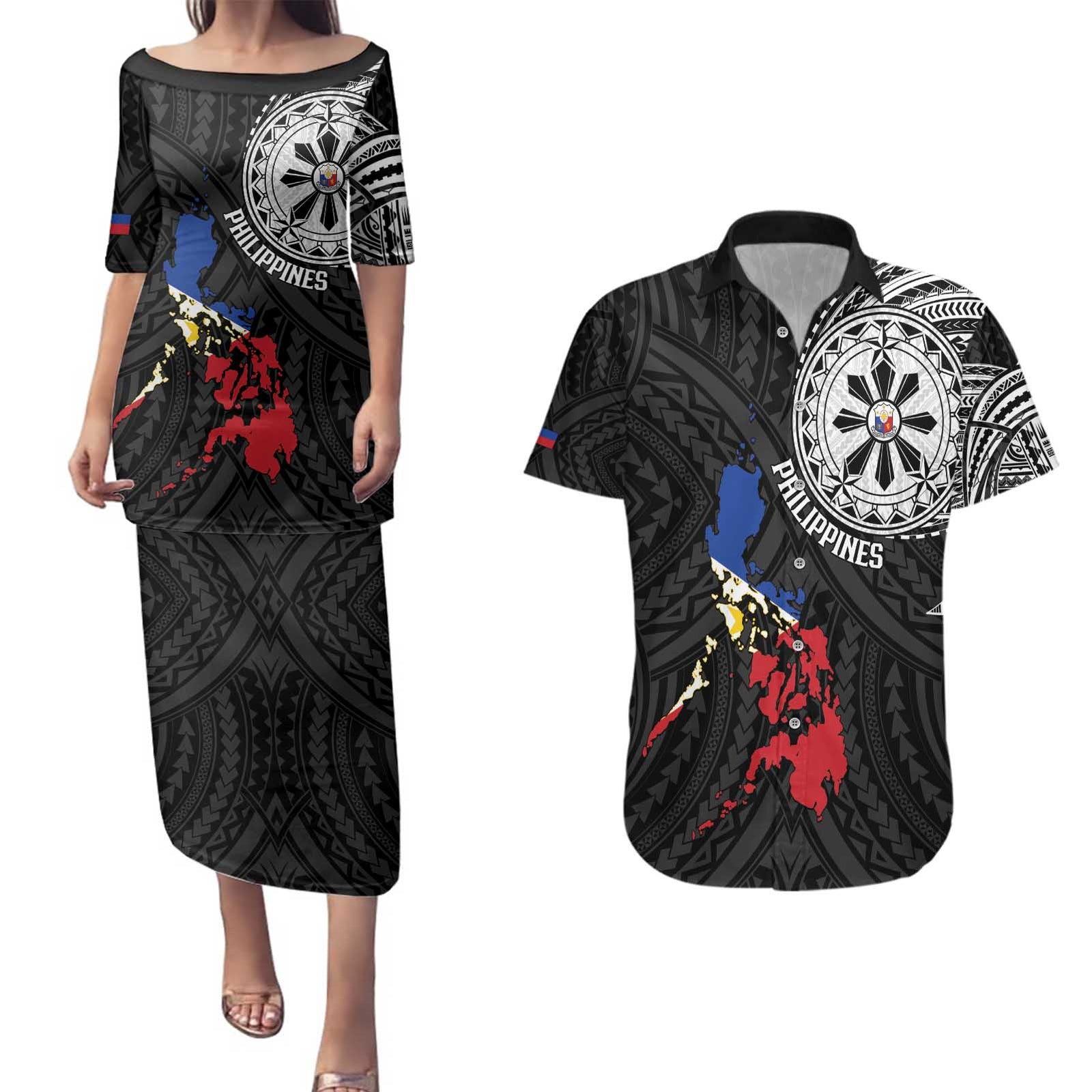 Philippines Strong Couples Matching Puletasi and Hawaiian Shirt Filipino Map Polynesian Tattoo - Polynesian Pride