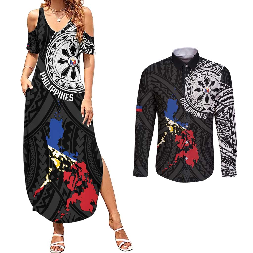 Philippines Strong Couples Matching Summer Maxi Dress and Long Sleeve Button Shirt Filipino Map Polynesian Tattoo - Polynesian Pride