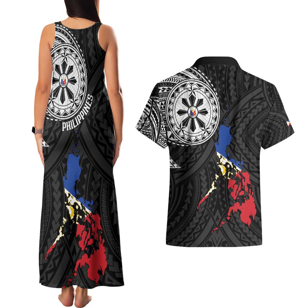 Philippines Strong Couples Matching Tank Maxi Dress and Hawaiian Shirt Filipino Map Polynesian Tattoo - Polynesian Pride
