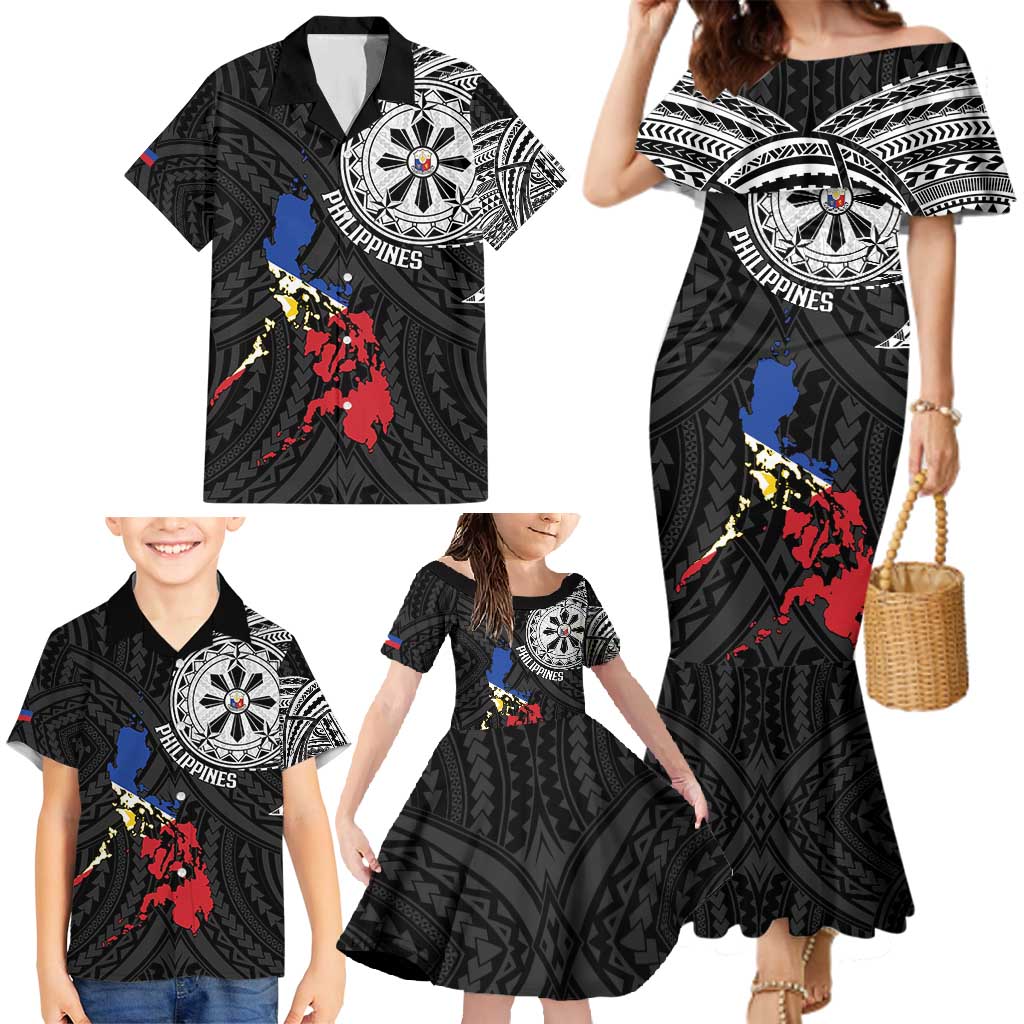 Philippines Strong Family Matching Mermaid Dress and Hawaiian Shirt Filipino Map Polynesian Tattoo - Polynesian Pride