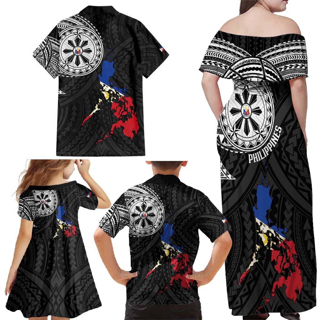 Philippines Strong Family Matching Off Shoulder Maxi Dress and Hawaiian Shirt Filipino Map Polynesian Tattoo - Polynesian Pride