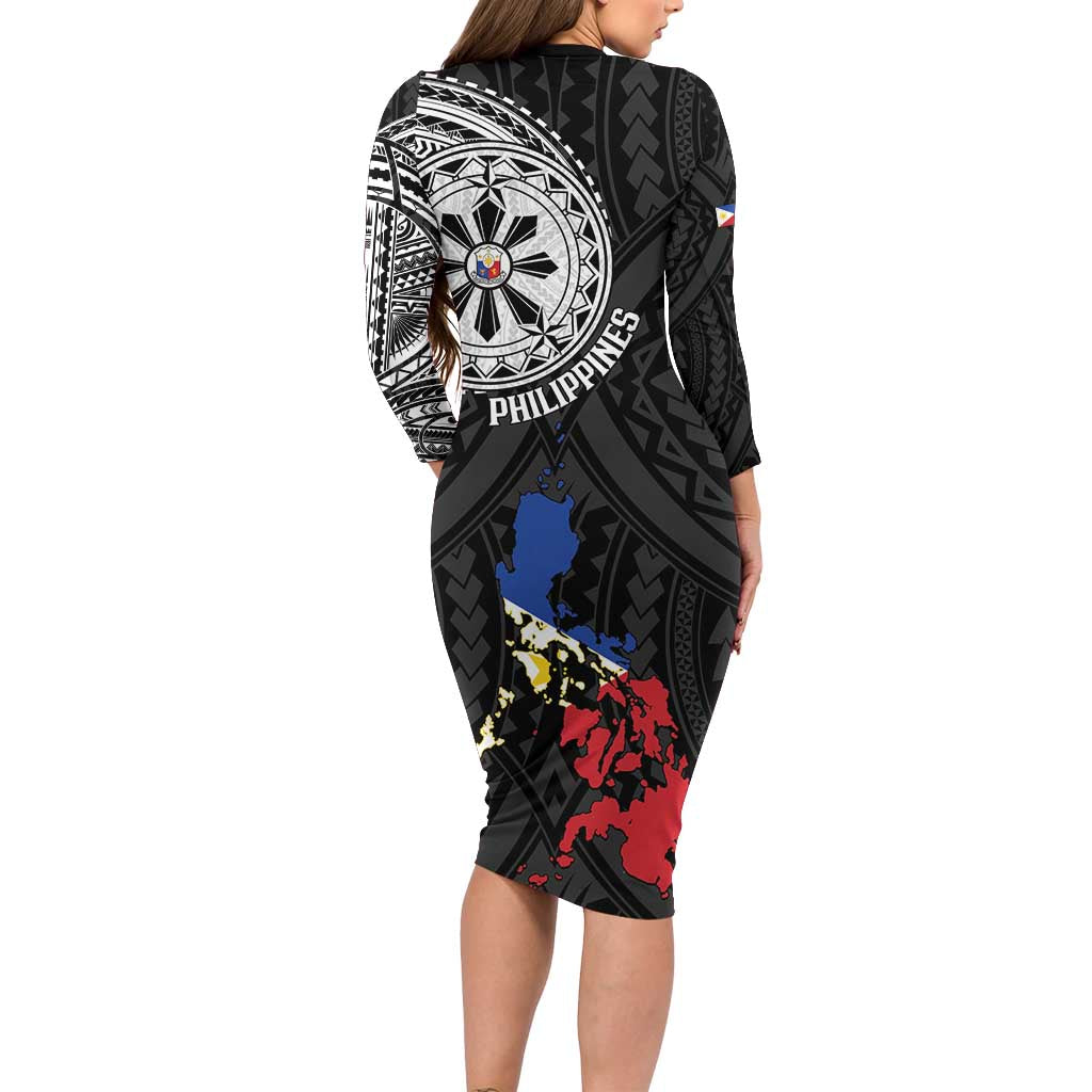 Philippines Strong Long Sleeve Bodycon Dress Filipino Map Polynesian Tattoo - Polynesian Pride