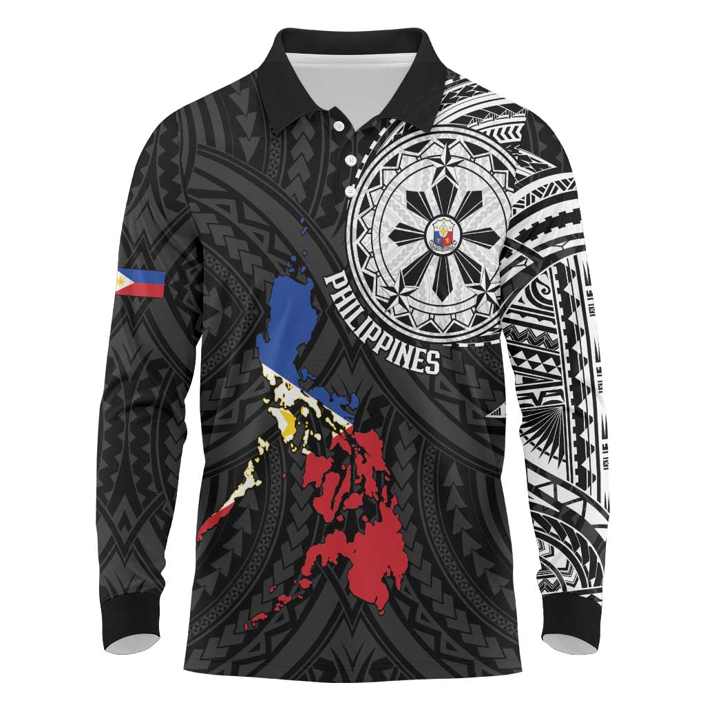 Philippines Strong Long Sleeve Polo Shirt Filipino Map Polynesian Tattoo - Polynesian Pride