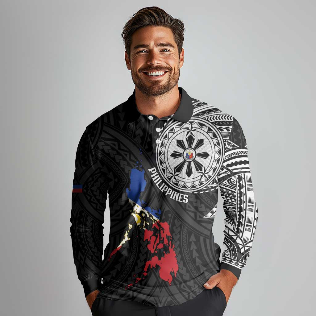 Philippines Strong Long Sleeve Polo Shirt Filipino Map Polynesian Tattoo - Polynesian Pride