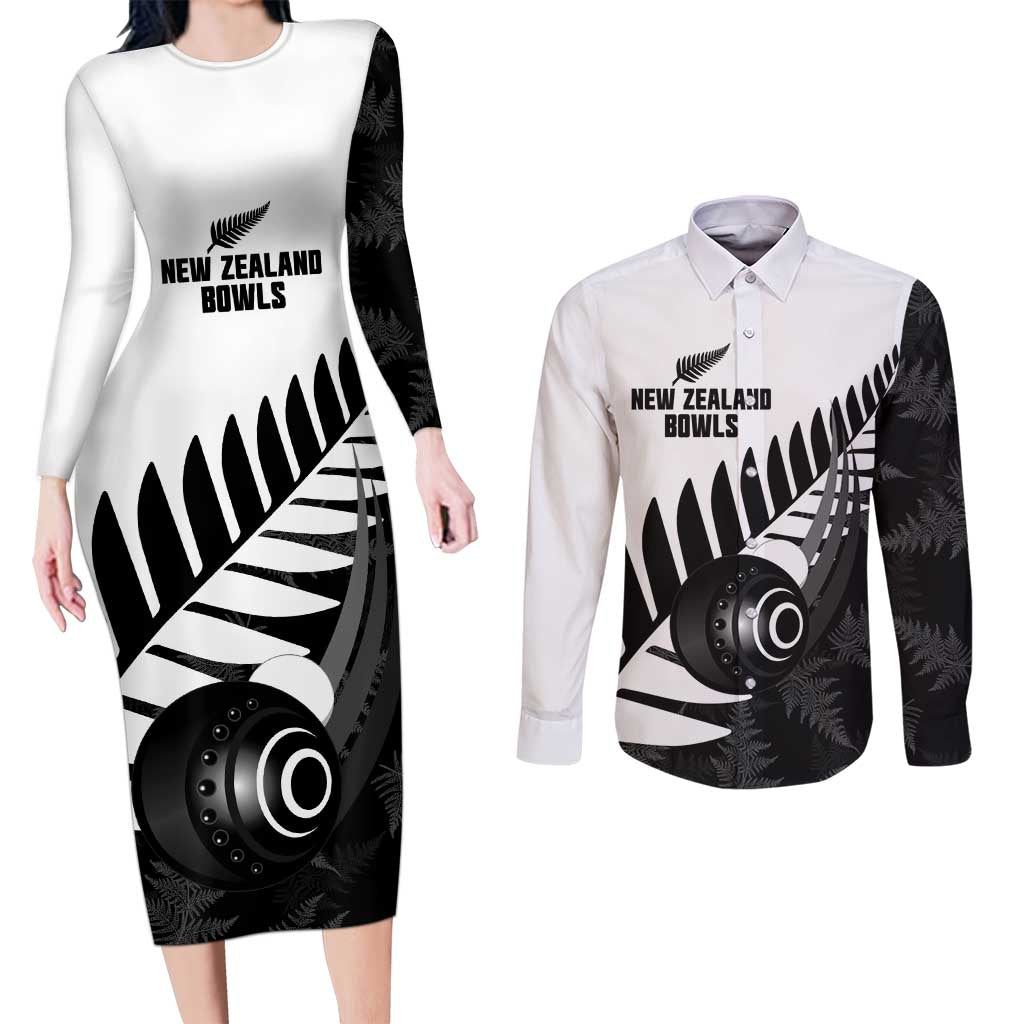New Zealand Lawn Bowls Custom Couples Matching Long Sleeve Bodycon Dress and Long Sleeve Button Shirt Aotearoa Silver Fern - Polynesian Pride