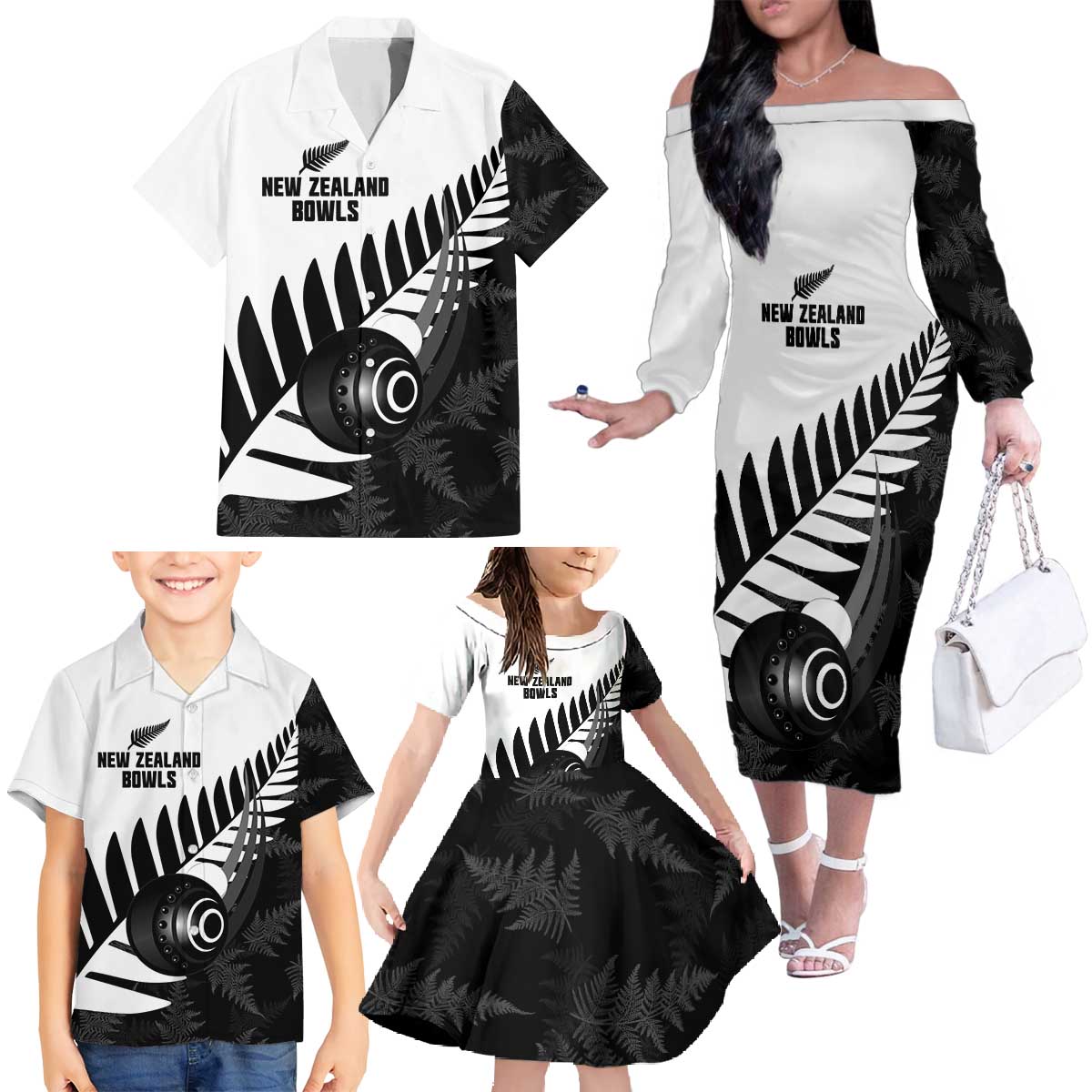 New Zealand Lawn Bowls Custom Family Matching Off The Shoulder Long Sleeve Dress and Hawaiian Shirt Aotearoa Silver Fern - Polynesian Pride