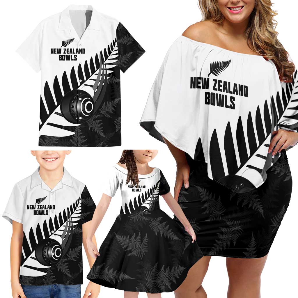 New Zealand Lawn Bowls Custom Family Matching Off Shoulder Short Dress and Hawaiian Shirt Aotearoa Silver Fern - Polynesian Pride