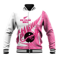 New Zealand Lawn Bowls Breast Cancer Custom Baseball Jacket Aotearoa Maori Silver Fern Pink Ribbon - Polynesian Pride