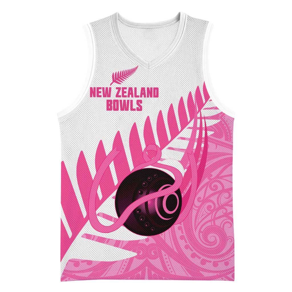New Zealand Lawn Bowls Breast Cancer Custom Basketball Jersey Aotearoa Maori Silver Fern Pink Ribbon - Polynesian Pride