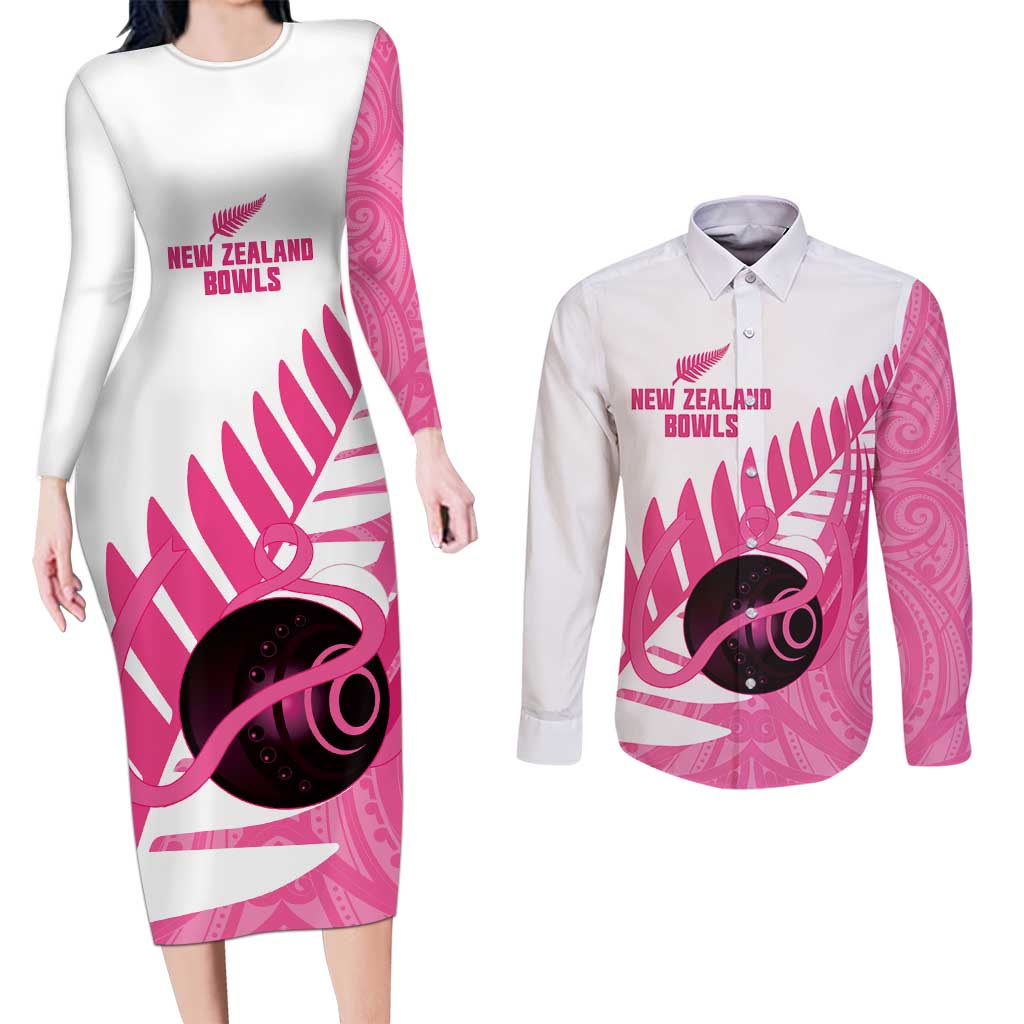 New Zealand Lawn Bowls Breast Cancer Custom Couples Matching Long Sleeve Bodycon Dress and Long Sleeve Button Shirt Aotearoa Maori Silver Fern Pink Ribbon - Polynesian Pride