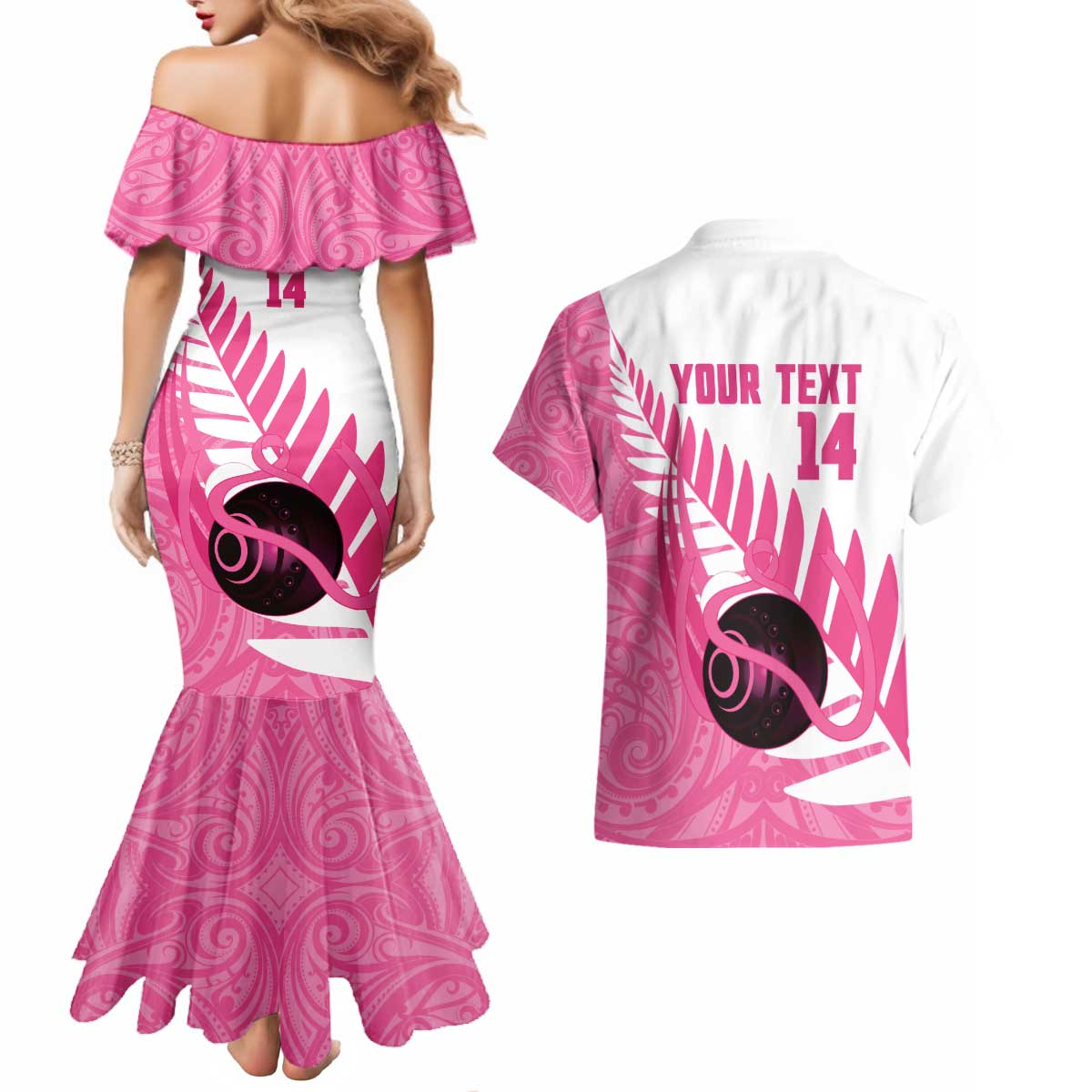 New Zealand Lawn Bowls Breast Cancer Custom Couples Matching Mermaid Dress and Hawaiian Shirt Aotearoa Maori Silver Fern Pink Ribbon - Polynesian Pride