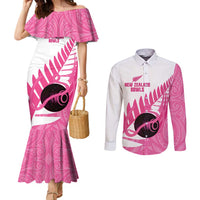 New Zealand Lawn Bowls Breast Cancer Custom Couples Matching Mermaid Dress and Long Sleeve Button Shirt Aotearoa Maori Silver Fern Pink Ribbon LT14 Pink - Polynesian Pride