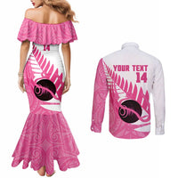 New Zealand Lawn Bowls Breast Cancer Custom Couples Matching Mermaid Dress and Long Sleeve Button Shirt Aotearoa Maori Silver Fern Pink Ribbon LT14 - Polynesian Pride