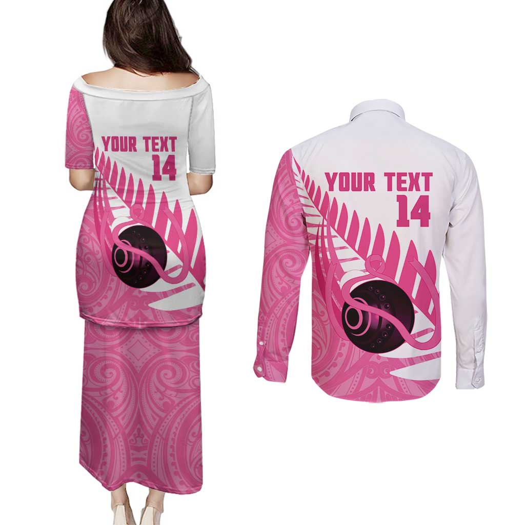 New Zealand Lawn Bowls Breast Cancer Custom Couples Matching Puletasi and Long Sleeve Button Shirt Aotearoa Maori Silver Fern Pink Ribbon - Polynesian Pride