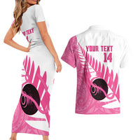 New Zealand Lawn Bowls Breast Cancer Custom Couples Matching Short Sleeve Bodycon Dress and Hawaiian Shirt Aotearoa Maori Silver Fern Pink Ribbon - Polynesian Pride