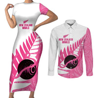 New Zealand Lawn Bowls Breast Cancer Custom Couples Matching Short Sleeve Bodycon Dress and Long Sleeve Button Shirt Aotearoa Maori Silver Fern Pink Ribbon - Polynesian Pride
