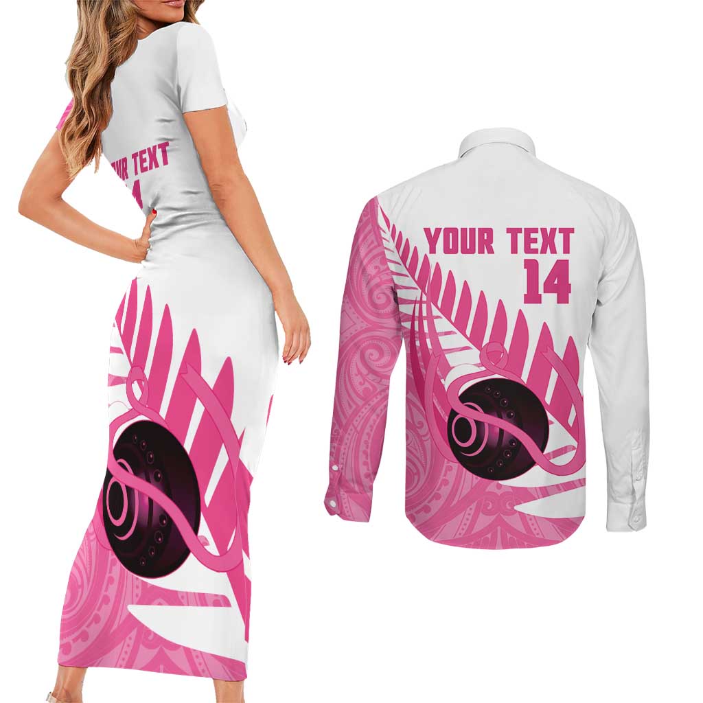New Zealand Lawn Bowls Breast Cancer Custom Couples Matching Short Sleeve Bodycon Dress and Long Sleeve Button Shirt Aotearoa Maori Silver Fern Pink Ribbon - Polynesian Pride