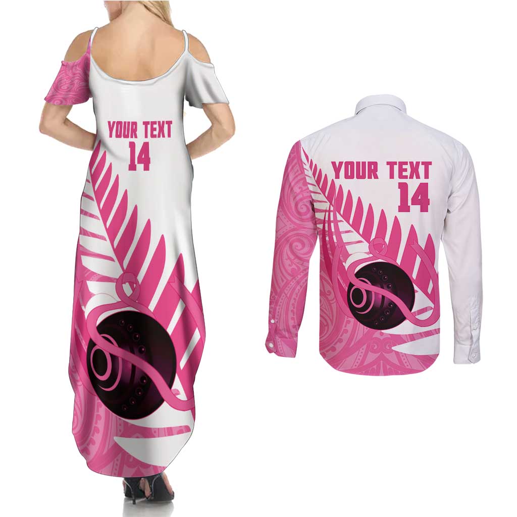 New Zealand Lawn Bowls Breast Cancer Custom Couples Matching Summer Maxi Dress and Long Sleeve Button Shirt Aotearoa Maori Silver Fern Pink Ribbon - Polynesian Pride