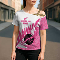 New Zealand Lawn Bowls Breast Cancer Custom Cross Shoulder Shirt Aotearoa Maori Silver Fern Pink Ribbon - Polynesian Pride