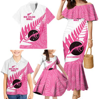 New Zealand Lawn Bowls Breast Cancer Custom Family Matching Mermaid Dress and Hawaiian Shirt Aotearoa Maori Silver Fern Pink Ribbon - Polynesian Pride