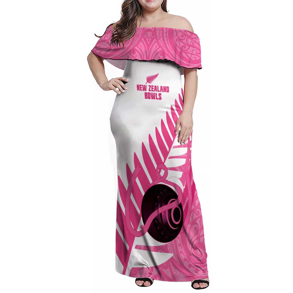 New Zealand Lawn Bowls Breast Cancer Custom Family Matching Off Shoulder Maxi Dress and Hawaiian Shirt Aotearoa Maori Silver Fern Pink Ribbon - Polynesian Pride