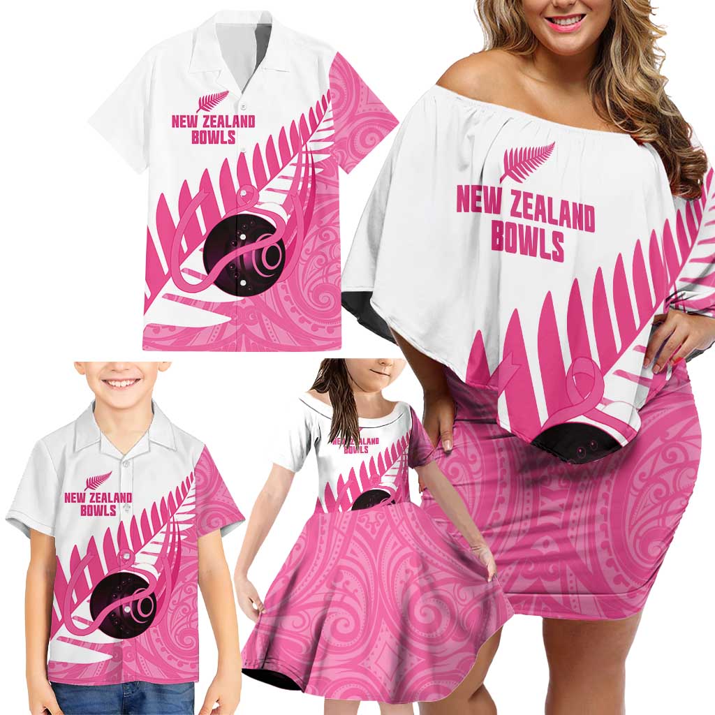 New Zealand Lawn Bowls Breast Cancer Custom Family Matching Off Shoulder Short Dress and Hawaiian Shirt Aotearoa Maori Silver Fern Pink Ribbon - Polynesian Pride