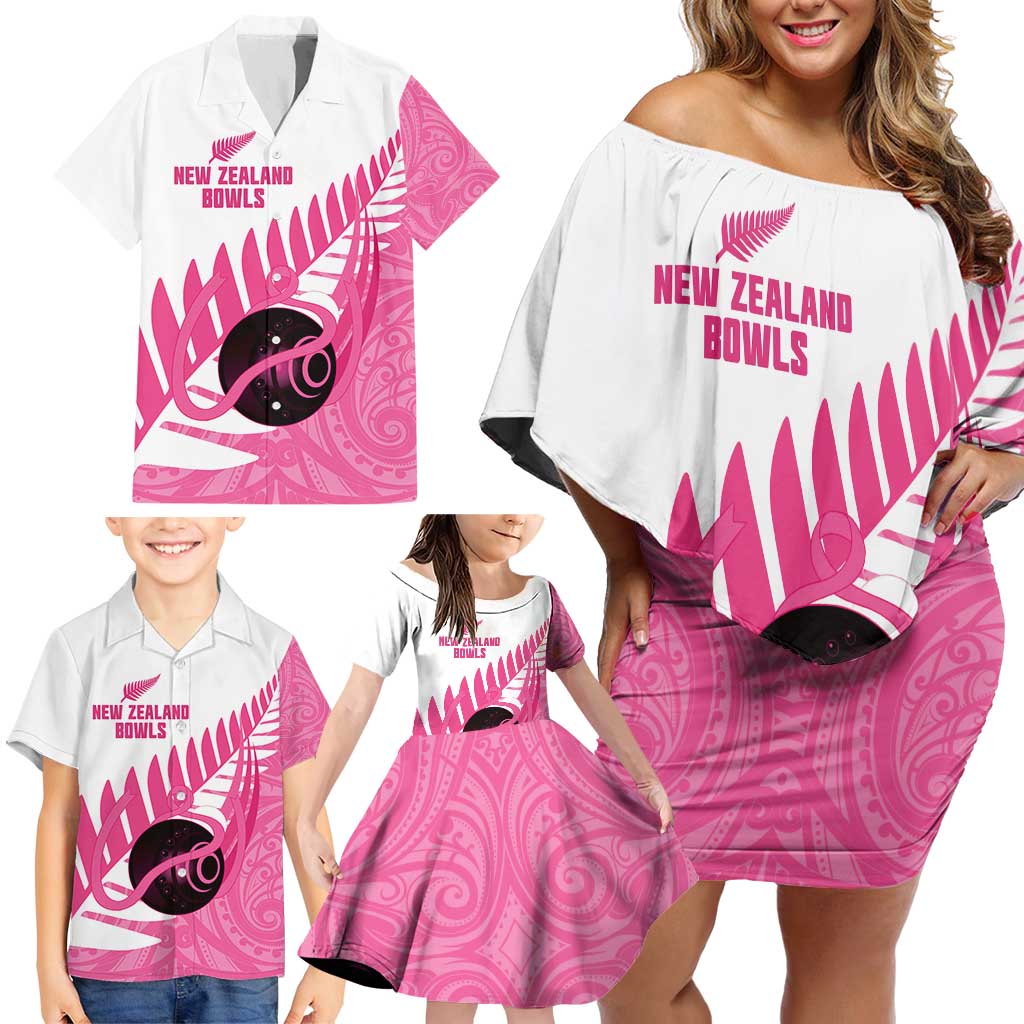 New Zealand Lawn Bowls Breast Cancer Custom Family Matching Off Shoulder Short Dress and Hawaiian Shirt Aotearoa Maori Silver Fern Pink Ribbon - Polynesian Pride